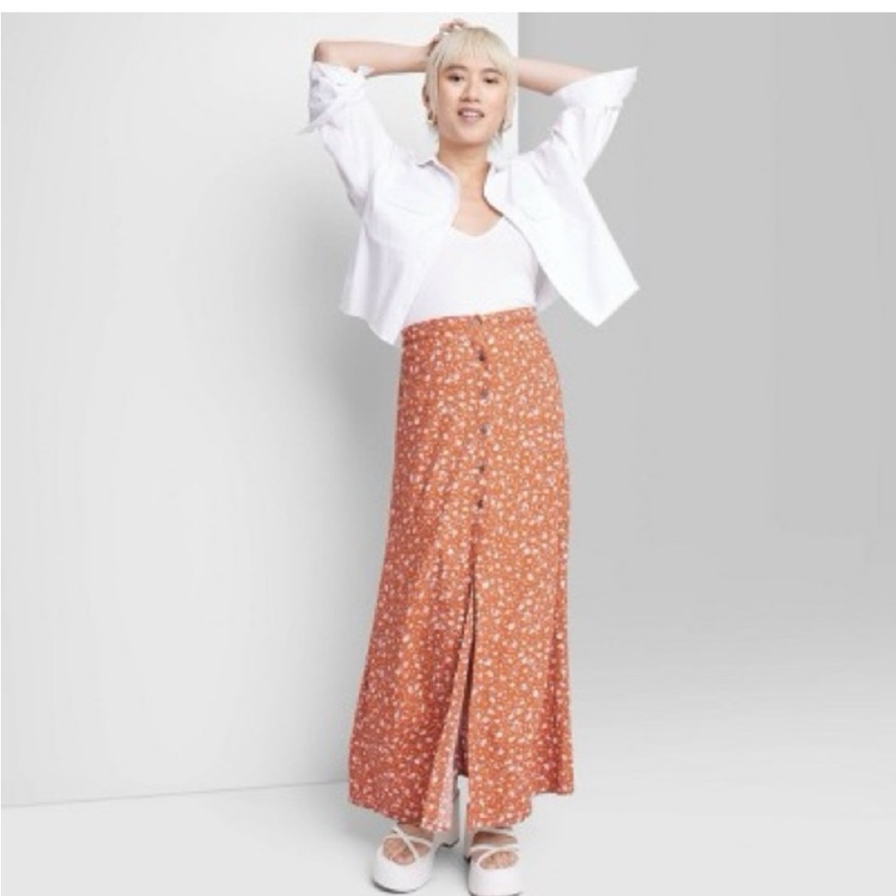 Wild Fable women's orange maxi skirt flowers button up (Size: XS)
